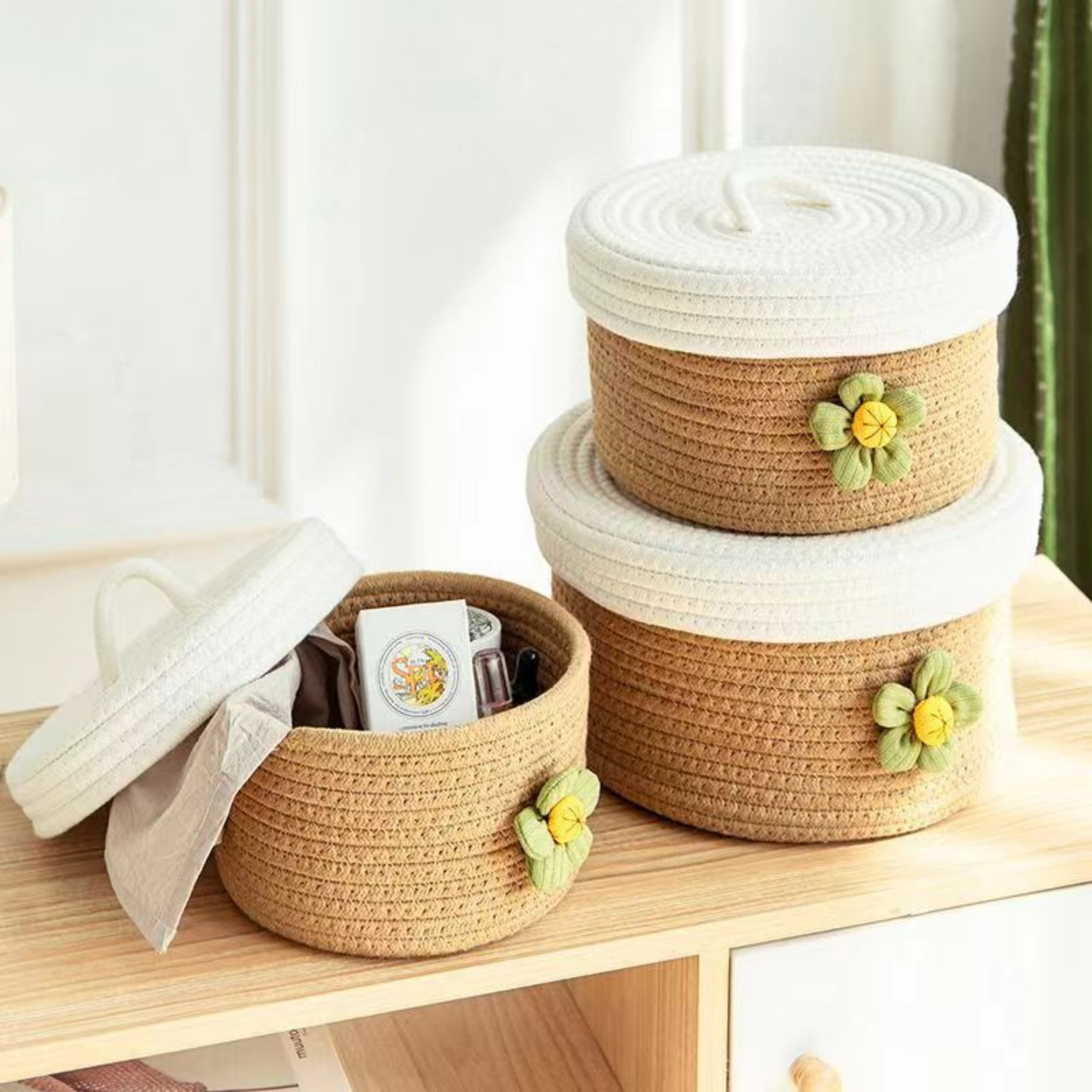 TENEBRALUX Handmade 3-Piece Large Covered Storage Baskets: Woven Fresh Style Organizer for Home Decor & Misc. Items