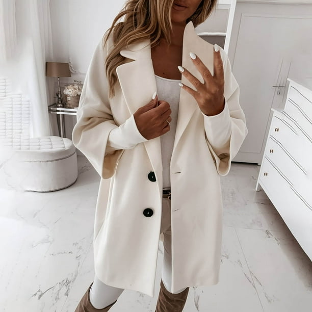 IROINID Women s Mid Length Trench coat Coat Notch Lapel Solid Color Long Sleeve Comfy Sexy Hoodless Casual Outwear White