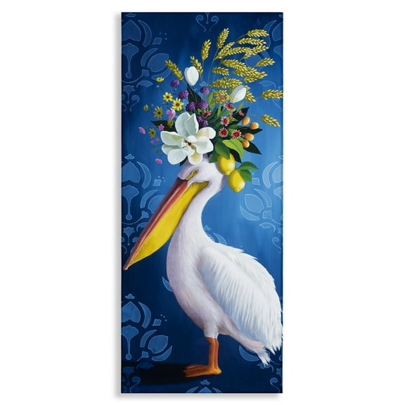 Stupell Industries Floral Pelican over Damask Animals Painting Wrapped Canvas Canvas Art Print Wall Art, 10 x 24
