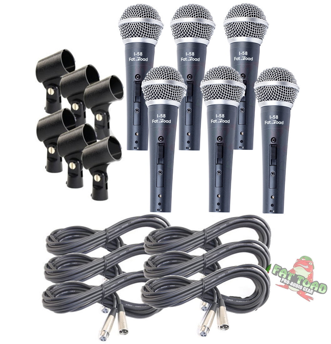 Cardioid Vocal Microphones with XLR Mic Cables & Clips (6 Pack) by FAT