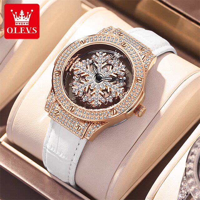 OLEVS Diamond Quartz Watch for Women Rotation Dial Star Snowflake Design Ladies Dress Wristwatch Bracelet Necklace Gift Box Set