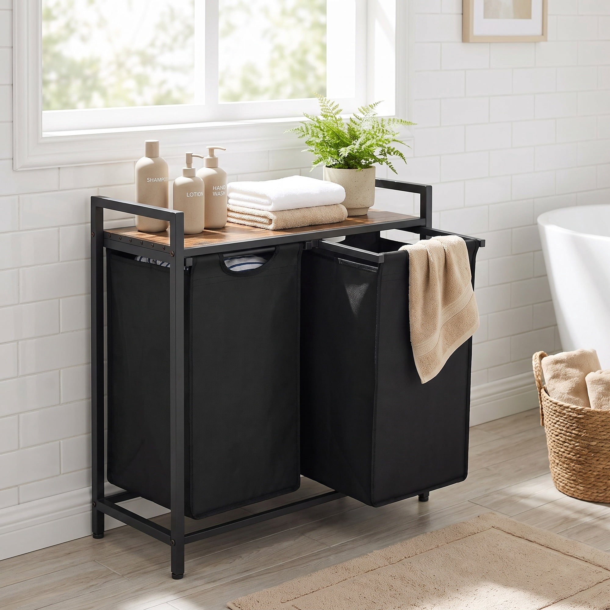 Ledrem 2-Compartment Foldable Laundry Hamper Clothes Sorter, Black