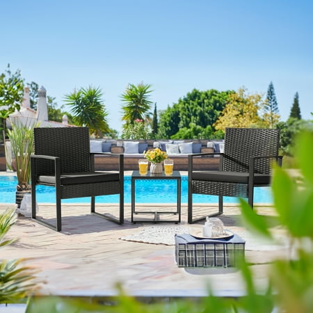 Lacoo 3 Pieces Outdoor Bistro Chair Set Pe Rattan Patio Conversation Set Of 2 With Cushion And Coffee Table, Black