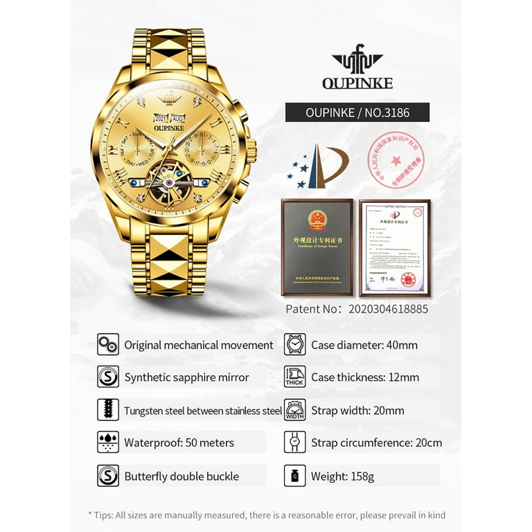 OUPINKE Gold Watches for Men, Automatic Diamond Skeleton Self Winding  Luxury Dress Mens Wristwatch Sapphire Crystal Tungsten Steel Band Luminous