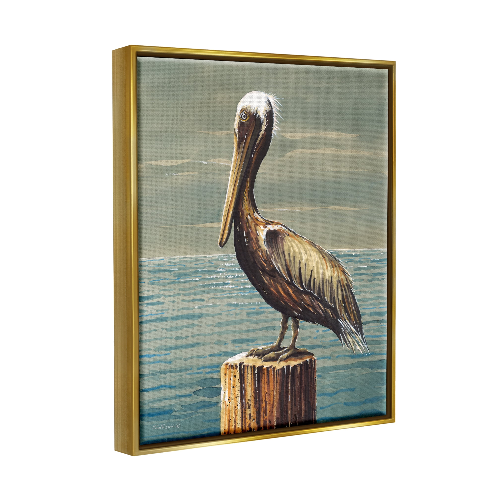 Stupell Industries Pelican and Cloudy Seascape Animals & Insects Painting Gold Floater Framed Canvas Art Print Wall Art, 17 x 21