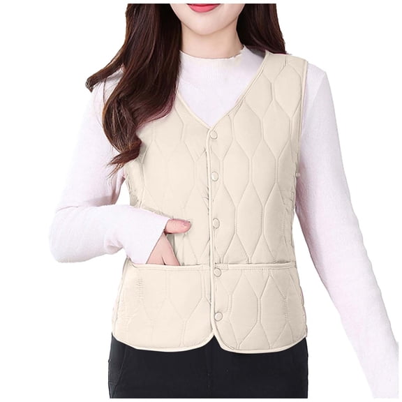 Women's Down Cotton Button Vest V-Neck Sleeveless Slim Fit Lightweight Warm Puffer Waistcoat For Fall Winter with Pockets