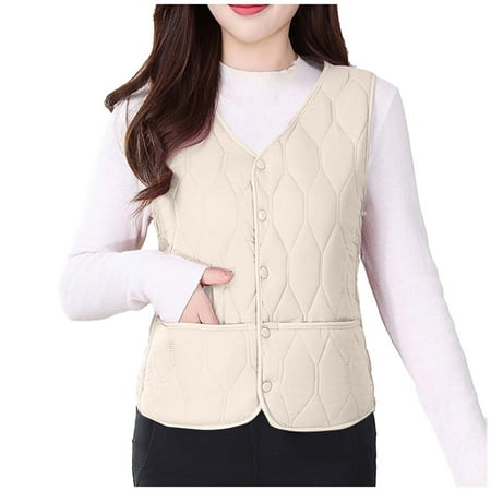 Mwjwdo Women s V Neck Button Quilted Light Inner Vest Dual Side Pockets Slim Warm Outer for Office Shifts Beige XL