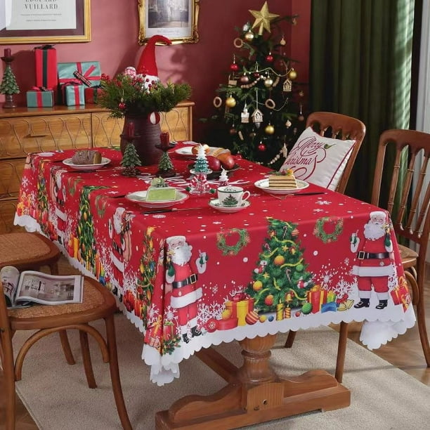 Fiudx Mantel Navideño, Tela Impermeable y a Prueba de Aceite, Diseño Festivo de Papá Noel y Reno, Decoración para Fiestas, Fácil Instalación y Mantenimiento, Apto para Mesas Estándar, 1 Pieza