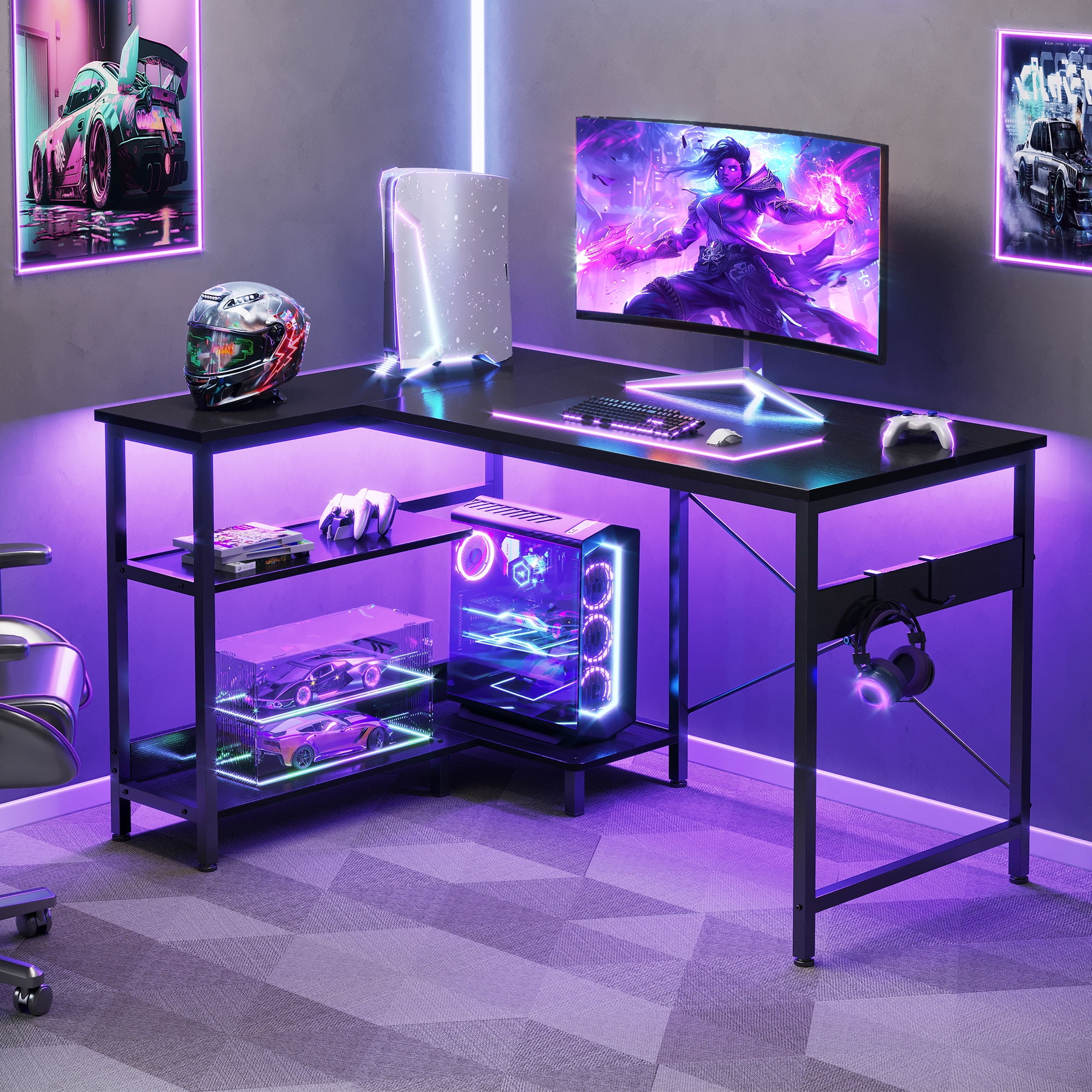 Casacomoda Computer Desk 40 Inch L Shaped with Storage Shelves & CPU Stand, Small Corner Gaming Desk with Headphone Hook, Black