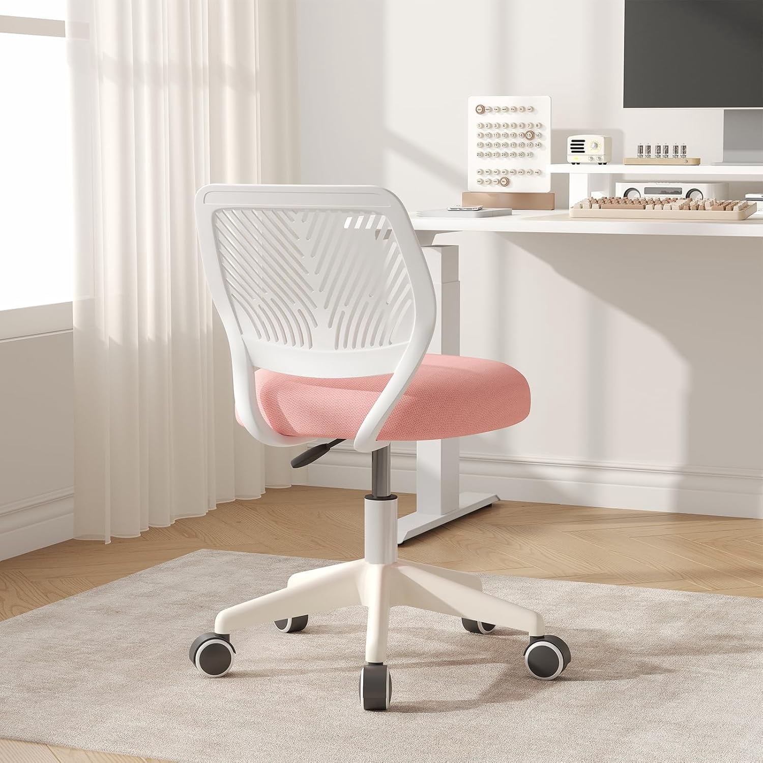 Neatifyes Armless Desk Chair, Height Adjustable Swivel Office Rolling Task Chairs with Soft Mesh Padded Cushion, Ergonomic Small Study Computer Chair for Girls Boys Teens (Pink, 1PC)