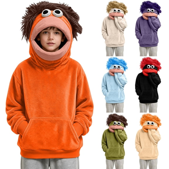 Boys Girls Fuzzy Hooded Pullover Sweatshirt Fleece Cozy Outwear With Pockets for Christmas Halloween Families Cosplay Party