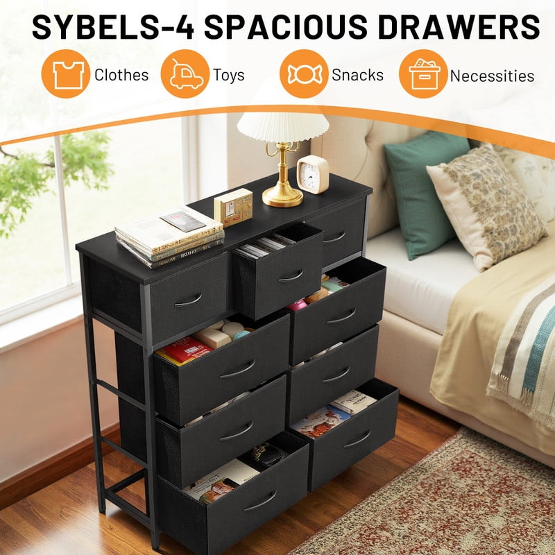 Sybels Storage Dresser with 9 Drawers, Anti-Tip Fabric Chests Organizer Tower Furniturefor Bedroom, Closet, Hallway, Entryway, Black