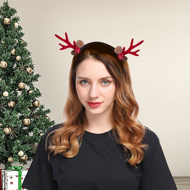 Diadema Navidad de Cuernos de Ciervo Rojo - Accesorio festivo de plástico para el cabello en fiestas navideñas, 23,5 x 15 cm
