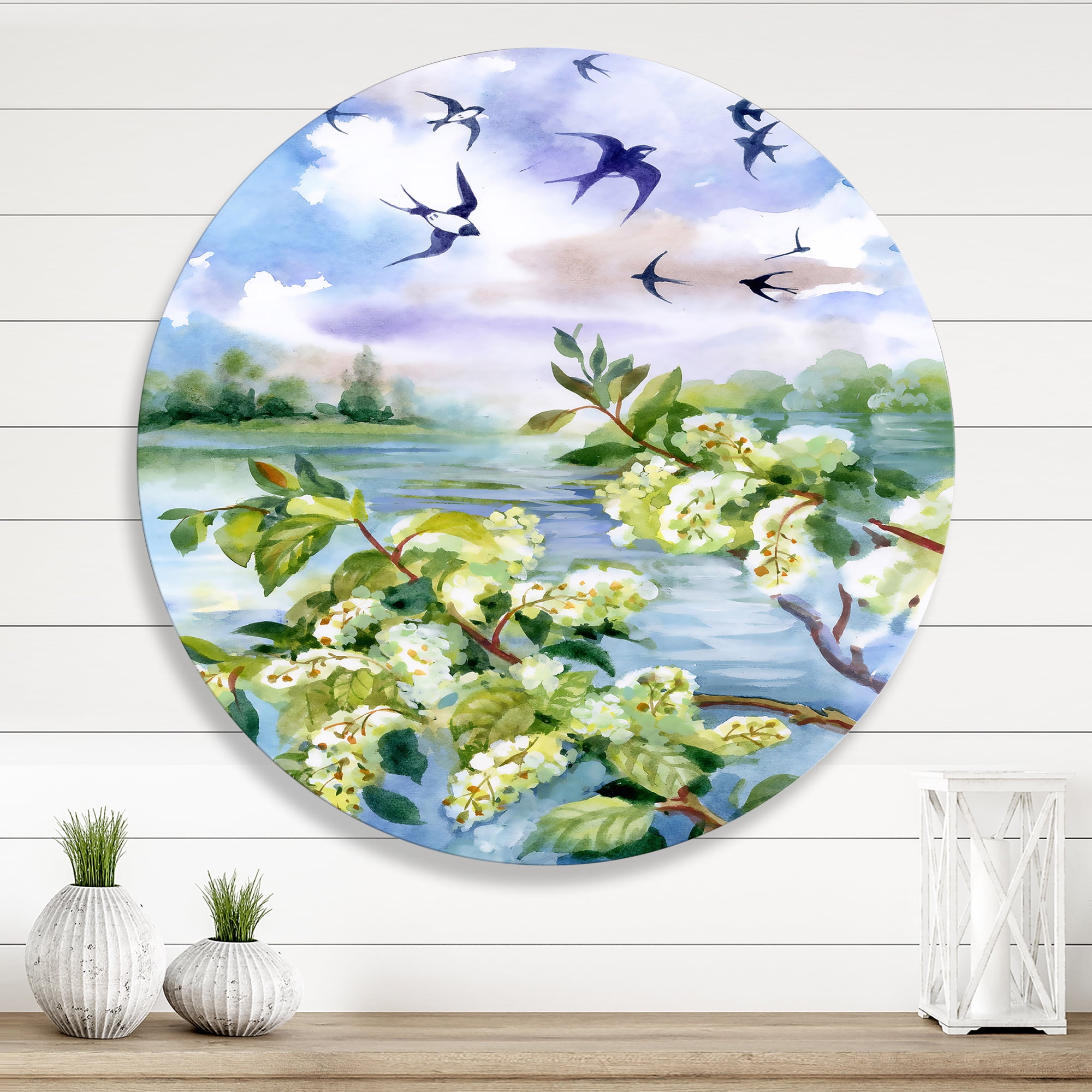 Designart 'Flowers of The Cherry Blossoms On A Spring Day Landscape' Traditional Circle Metal Wall Art 23x23 - Disc of 23