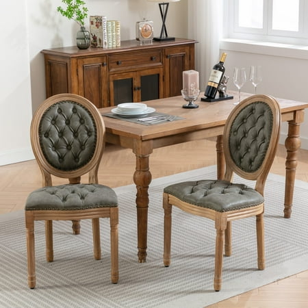 PORKISS Dining Chairs Modern Upholstered Set of 2 French Style Solid Wood Dining Side Chairs PU Artificial Leather Dining Chair with Nailhead Trim Olive Green