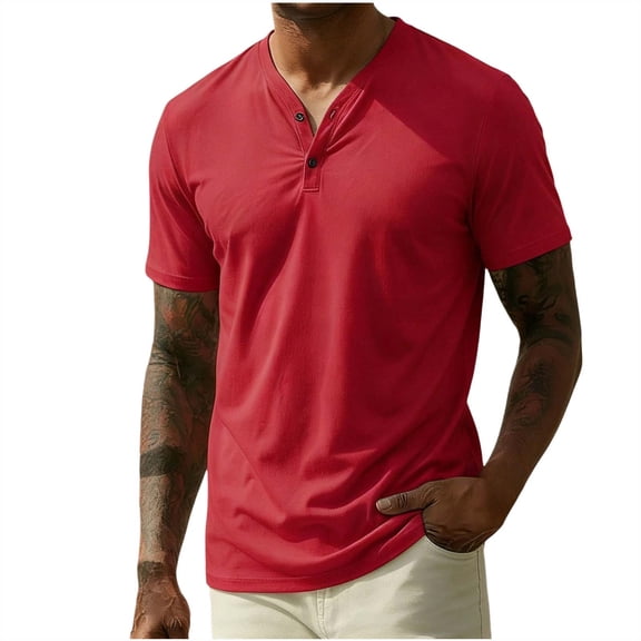 USNSM Henley Shirts for Men Short Sleeve V Neck Button Collared Basic Tees Casual Stylish Beach Shirt Summer Vacation Red XXL