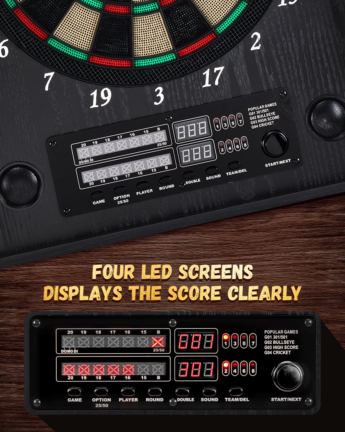 Yirinatek Electronic Dart Board, Decorative Dart Board Cabinet Set for Adults [12*Bronze Soft Tip Darts] [Cricket Game Mode]- Wooden Electric Dartboard Cabinet for Family Game Rooms [Black]