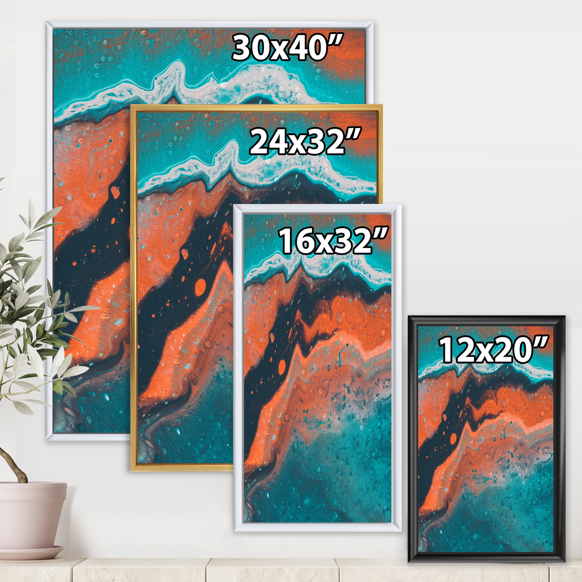 Designart 'Abstract Marble Composition In Orange and Blue VI' Modern Framed Canvas Wall Art Print