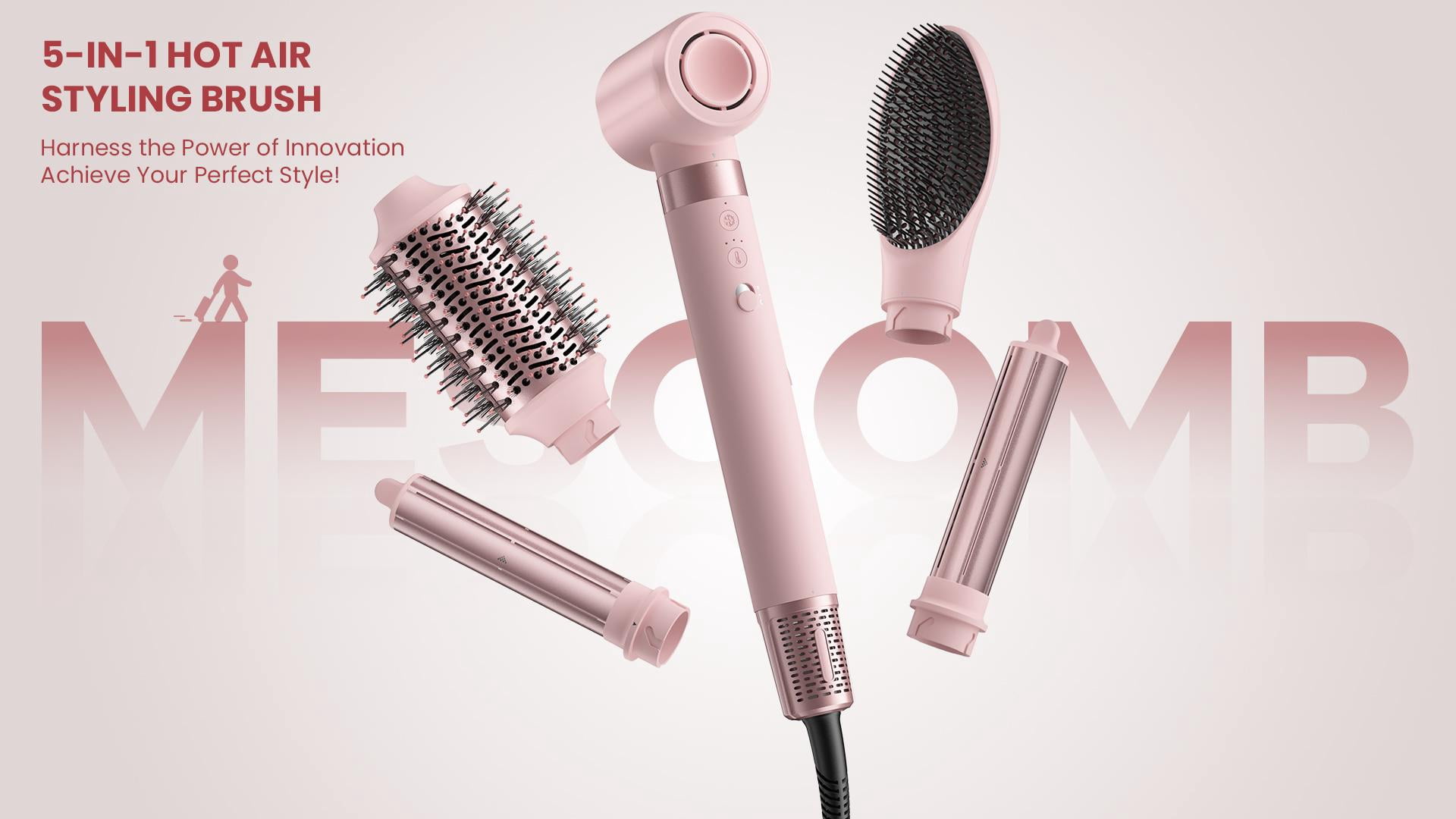 5 in 1 High-Speed Hair Dryer, Hot Air Styler Wrap, Volumizing Brush with Auto Curlers, Fast Drying & Frizz-Free Styling, Straightening, No Heat Damage, Includes Travel Bag - Pink