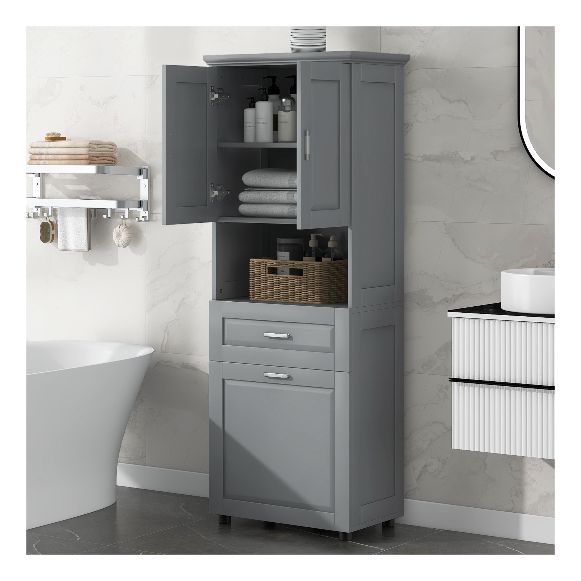 GDF Studio 69.9" Tall Bathroom Storage Cabinet with Tilt-Out Laundry Basket, 2 Doors, 2 Shelves and 1 Drawer, Gray