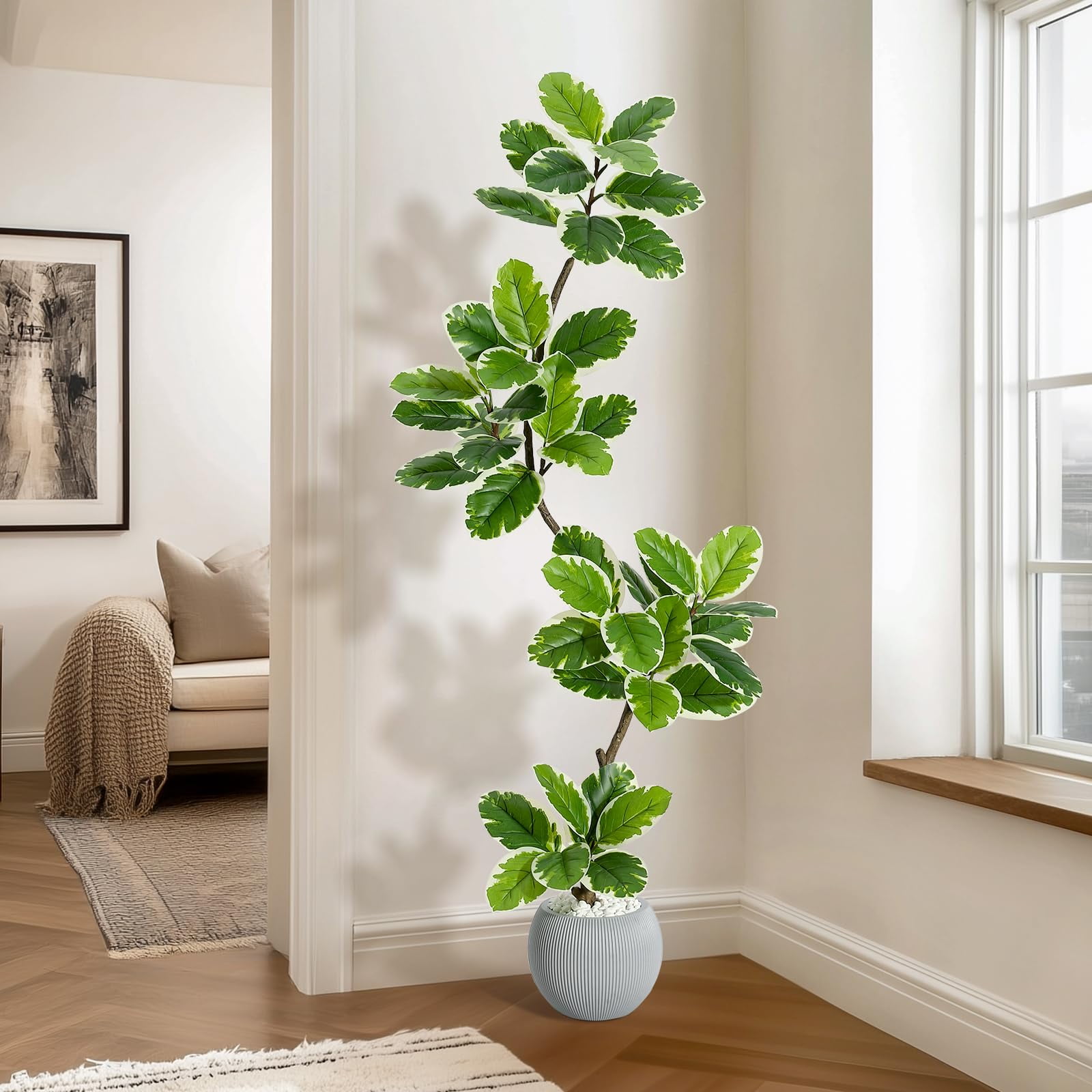 Litake Fiddle Leaf Fig Tree Artificial Indoor, 5 ft Tall Faux Rubber Tree with Sphere Planter, Tall Artificial Plants with Moss for Home Decor Office Living Room