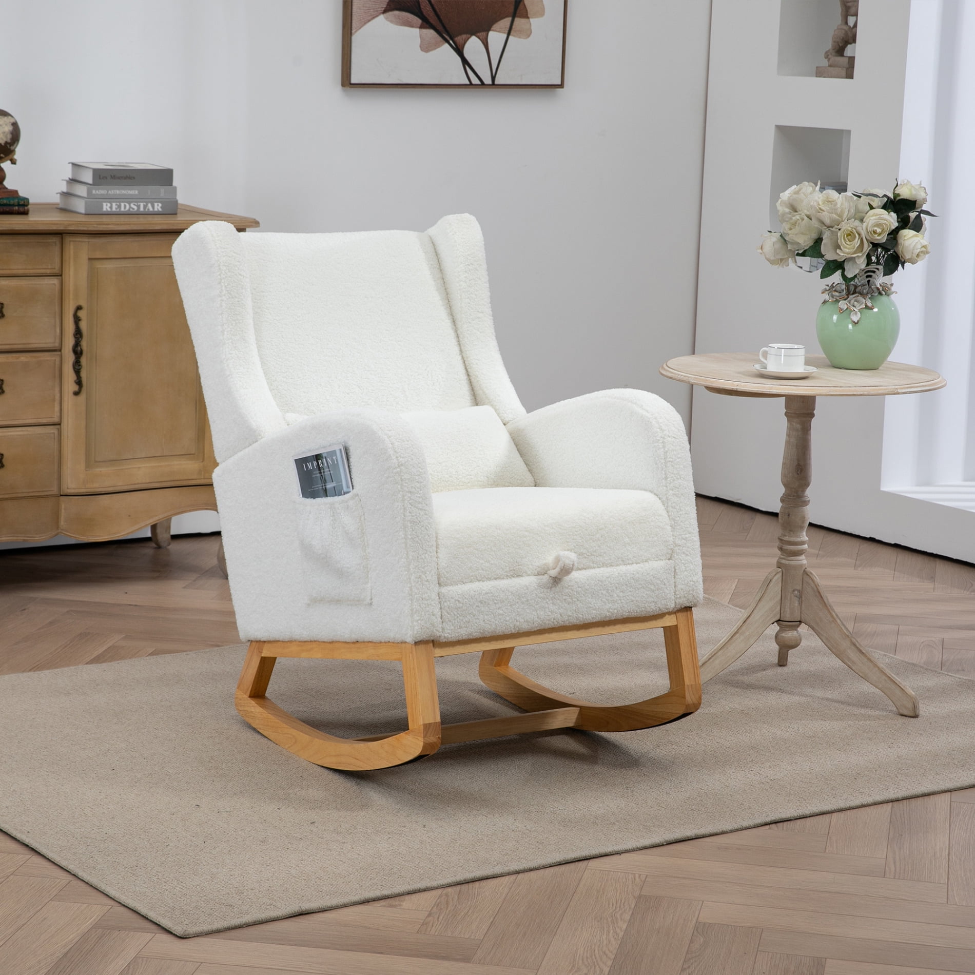 25.4"W Sherpa Upholstered Nursery Glider Chair with Retractable Footrest & Side Pocket, Mid-Century Wingback Rocking Armchair for Baby Room, Kids Bedroom and Living Room, Ivory