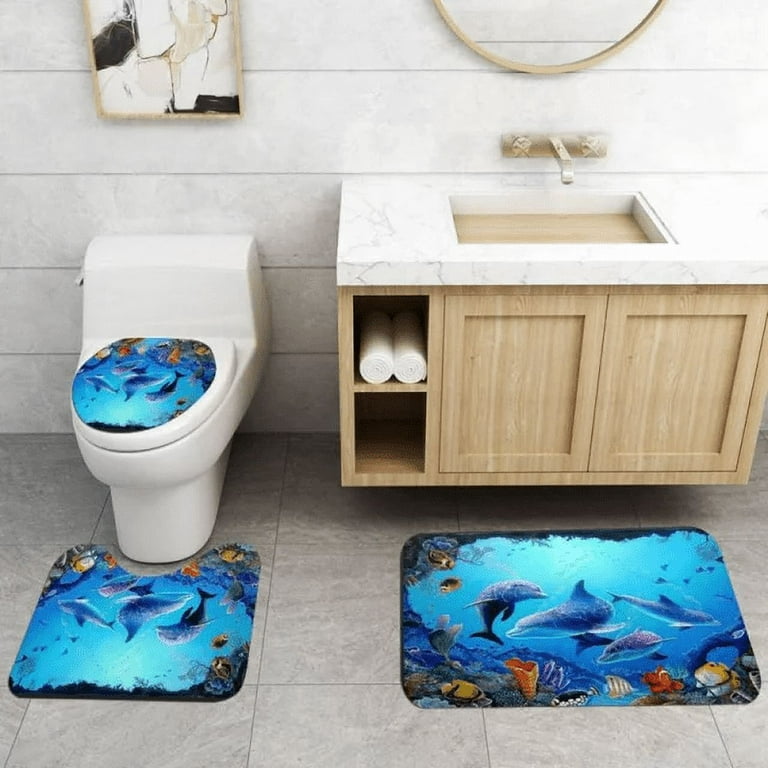 4-Piece Ocean Bathroom Shower Curtain Set Dolphin Themed Bathroom Decor Set  Waterproof Shower Curtain for Bathroom with 12 Hooks and 3Pcs Toilet Cover  Mat Set for Kids 