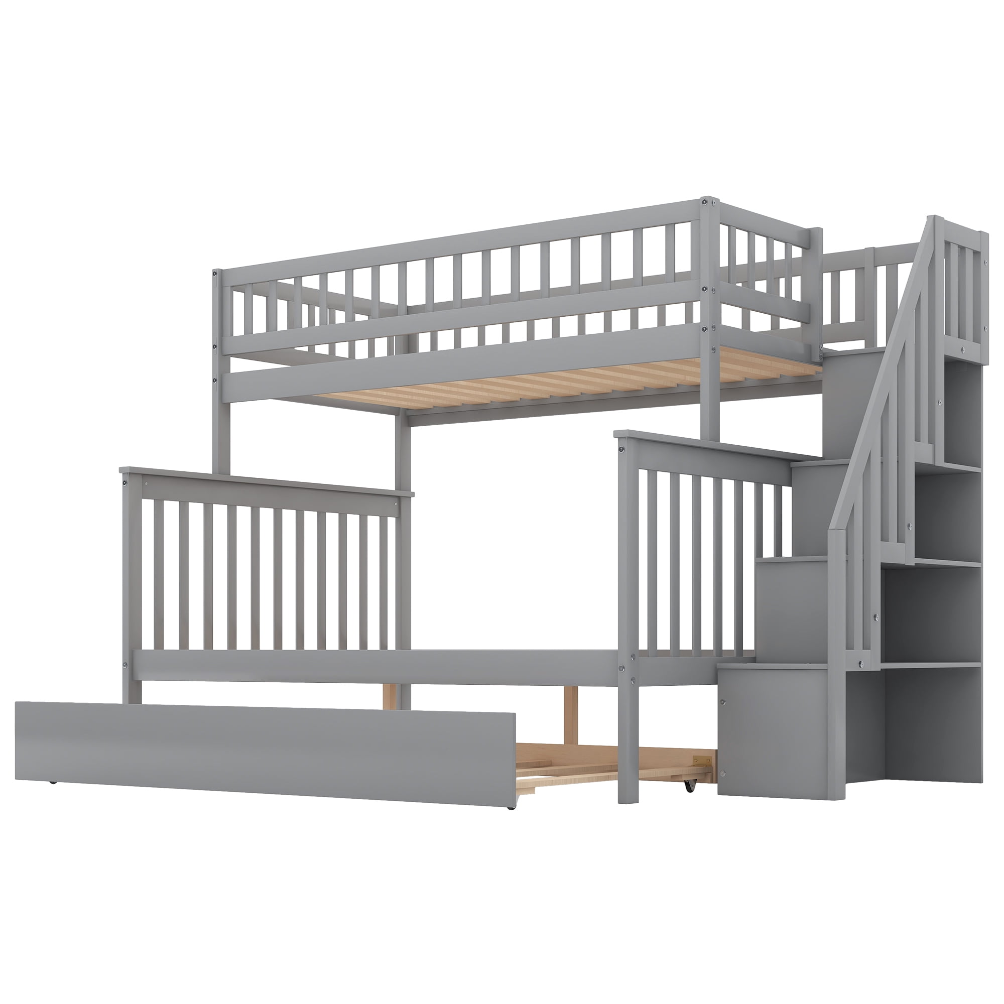 EUROCO Twin over Full Bunk Bed with Twin Trundle Bed and Storage Shelves for Kids, Three Beds with Storage for Kids Teens Adults, Gray