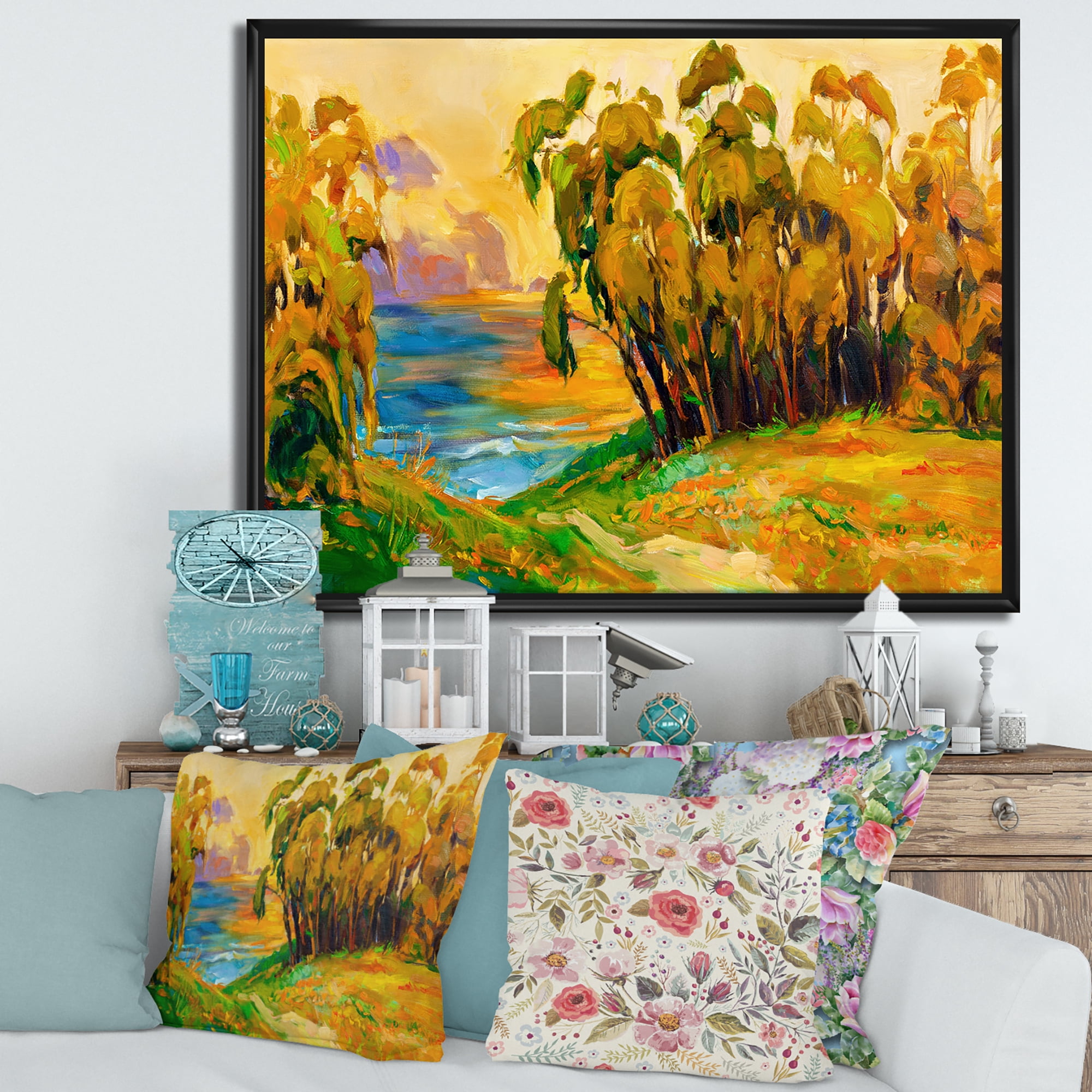 Designart 'Brown Trees By The Riverside During Evenign Glow' Traditional Framed Canvas Wall Art Print