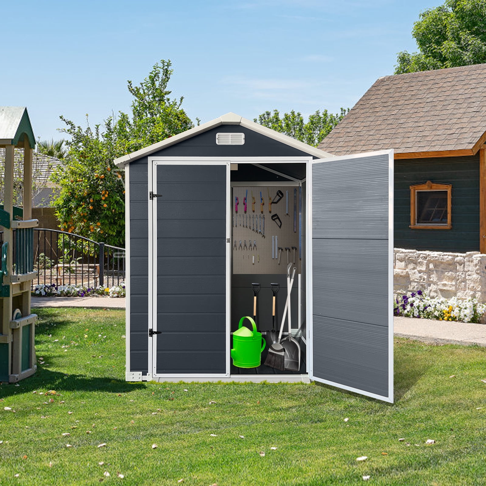 Mintazer 6×4ft Outdoor Storage Shed with Floor, Large Garden Tool Storage Building with 2 Lockable Door & Window, Weatherproof Bike Shed for Backyard Lawn Patio, Cold Gray