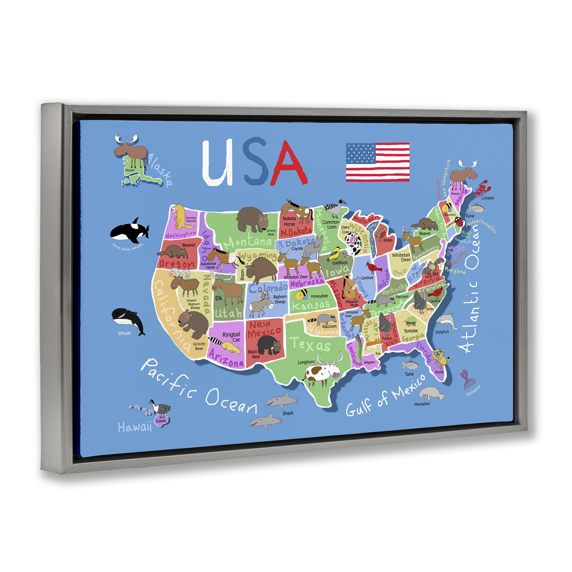 Stupell Industries United States Animal Map Town & City Painting Gray Floater Framed Art Print Wall Art, 25 x 17