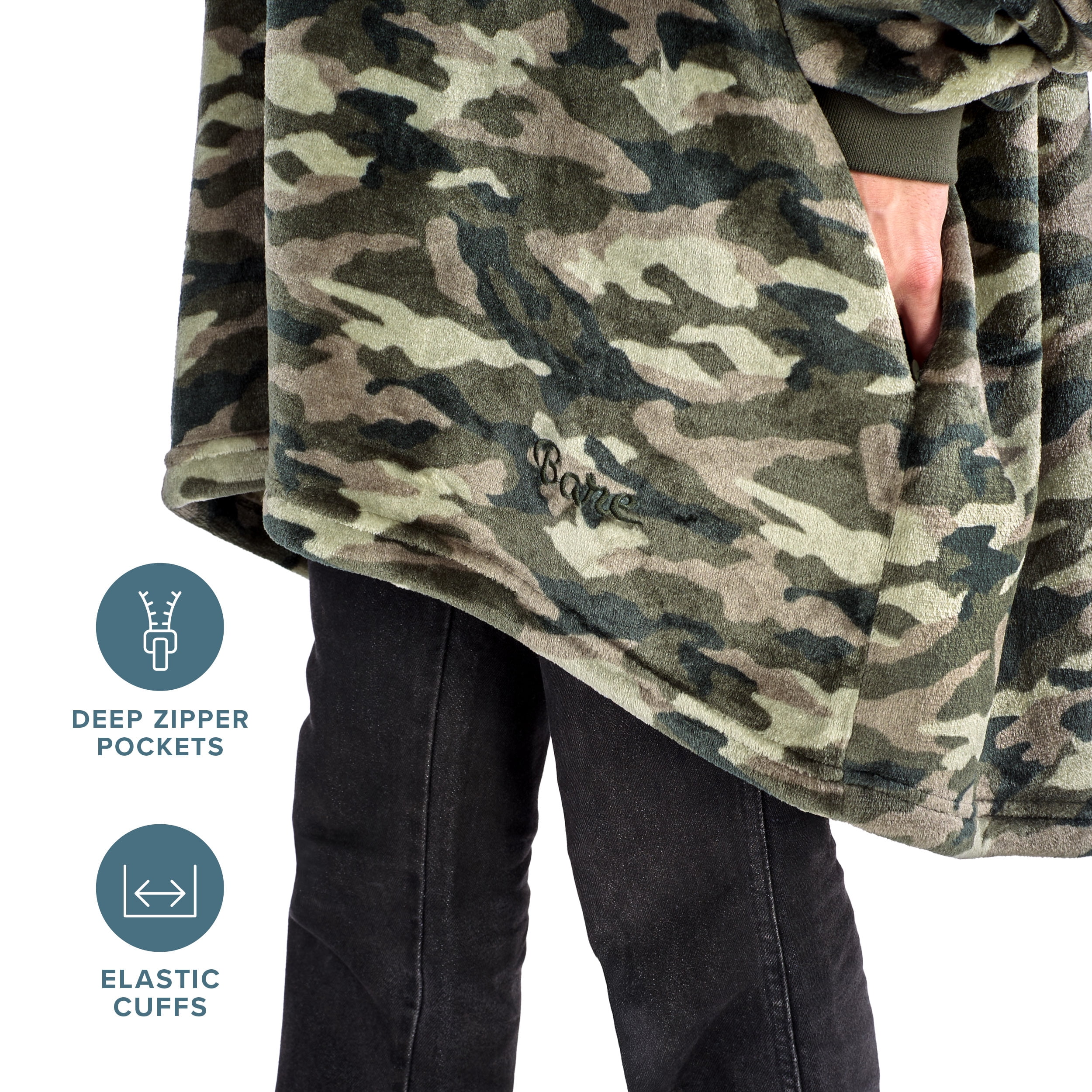 Bare Homey Adult Size Microplush Wearable Blanket - Zipper Side Pockets - Warm - Velvety Soft, Camo - Green