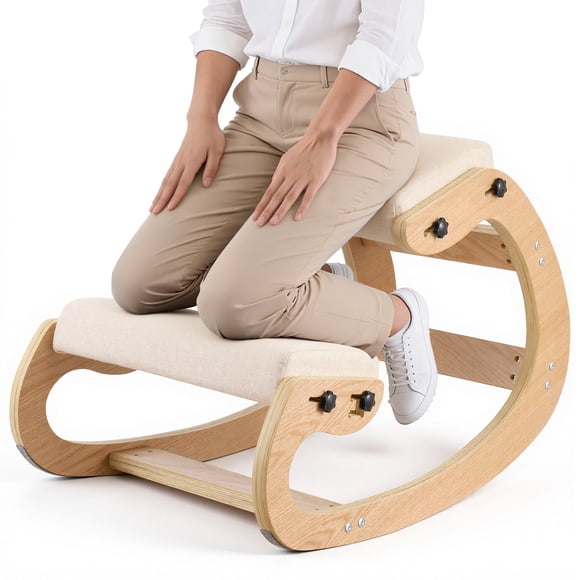 VEVOR Ergonomic Kneeling Chair, Wooden Posture Knee Chair with Adjustable Thick Foam Cushions & Solid Wood Frame, Adjustable Height, Relief for Neck or Back Pain for Home, Office or Meditation, Beige