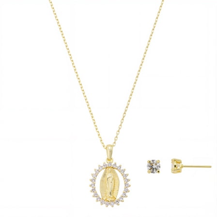 Believe by Brilliance Women's 14Kt Gold Flash Plated Cubic Zirconia Mary Pendant Necklace and Earring Set