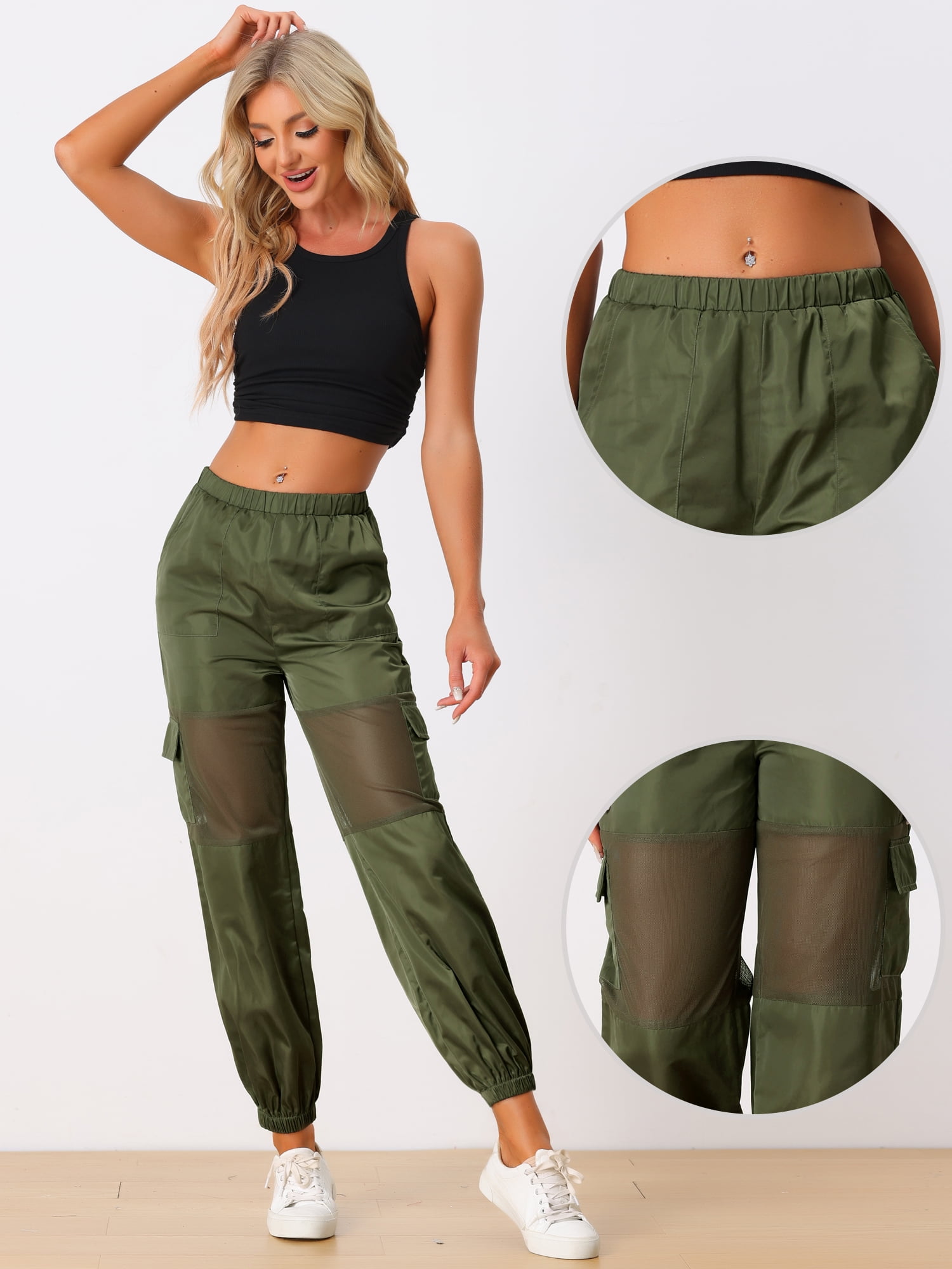 DARING DIVA Women's High Waist Mesh Panel Sheer Baggy Cargo Pants M Army Green