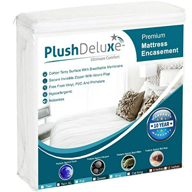 Plushdeluxe Premium Zippered Mattress Encasement, Waterproof, Bed Bug &  Dust Mite Proof 6-Sided Protector Cover, Hypoallergenic Cotton Terry  Surface 