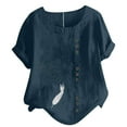 thumbnail image 1 of Birdeem Womens Short Sleeved Casual Plus Size Round Neck Feather Printed Loose Button Cotton Linen Top, 1 of 1