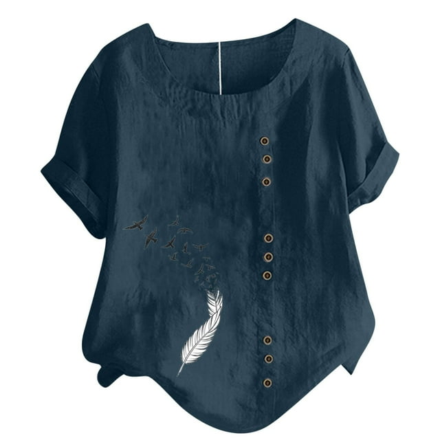 Birdeem Womens Short Sleeved Casual Plus Size Round Neck Feather Printed Loose Button Cotton Linen Top