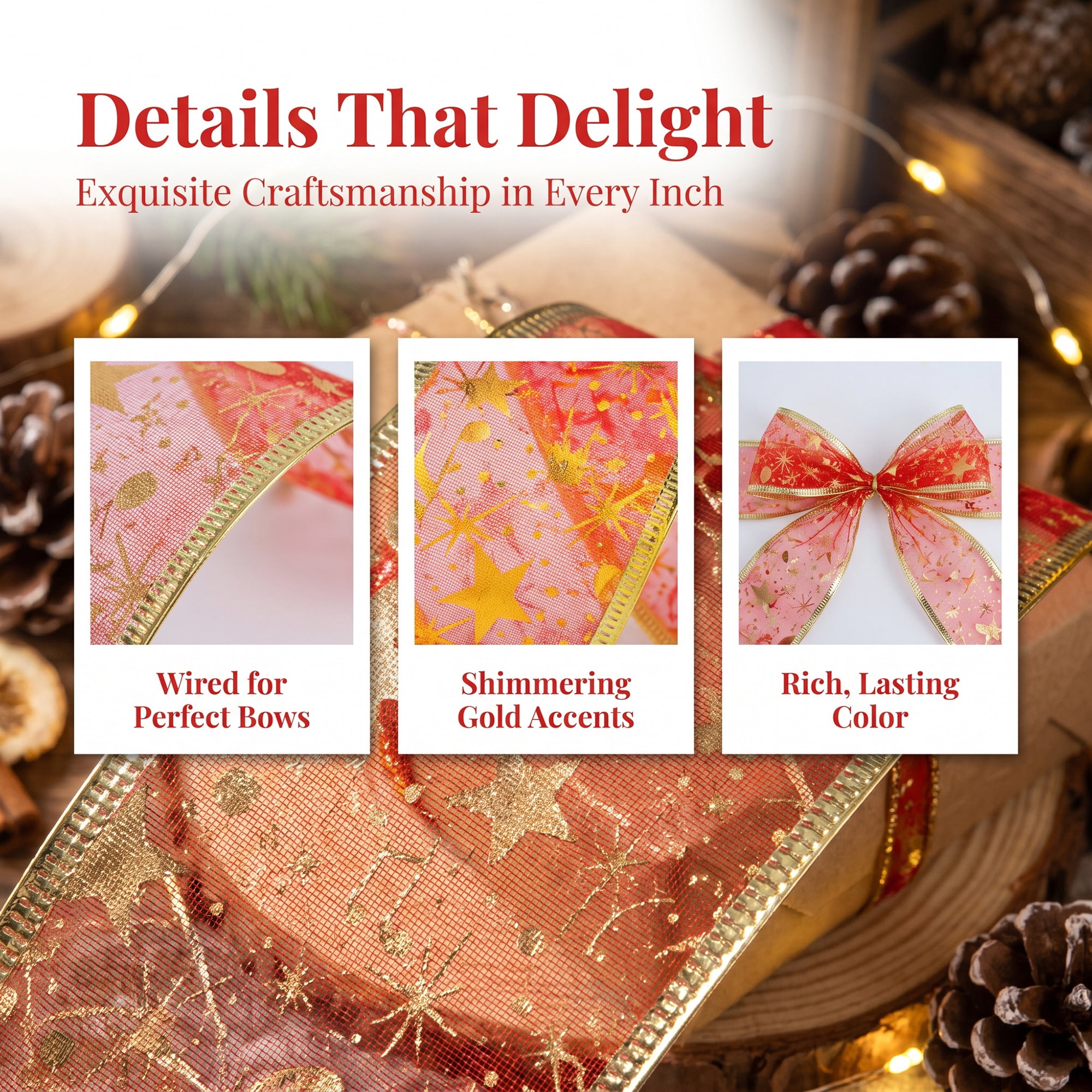 Unique Bargains Star Pattern Fabric Ribbon for Decoration Projects Red 9.8 Yard