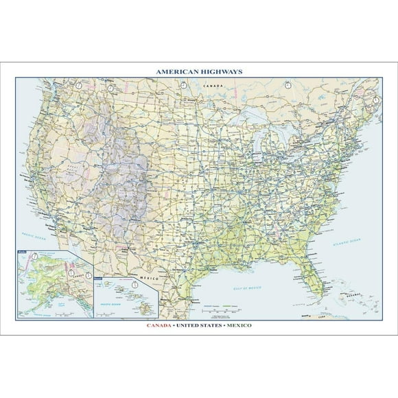 American Highways Wall Map - 22.75" x 15.5" Laminated