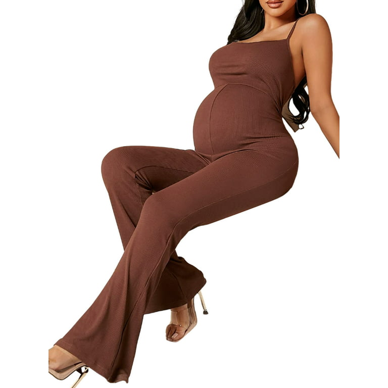 Eyicmarn Maternity Flared Leg Jumpsuits Solid Color Summer Spaghetti Strap  Sleeveless Romper for Women Cute Pregnancy Clothes