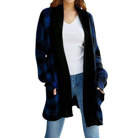 Hibeli Women Plaid Colorblock Open Front Long Sleeve Pocket Casual Cardigans