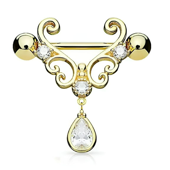 DESIGNICE 14G Stainless Steel Crystal Rhinestone Drop Barbell Nipple Ring Piercing - Gold