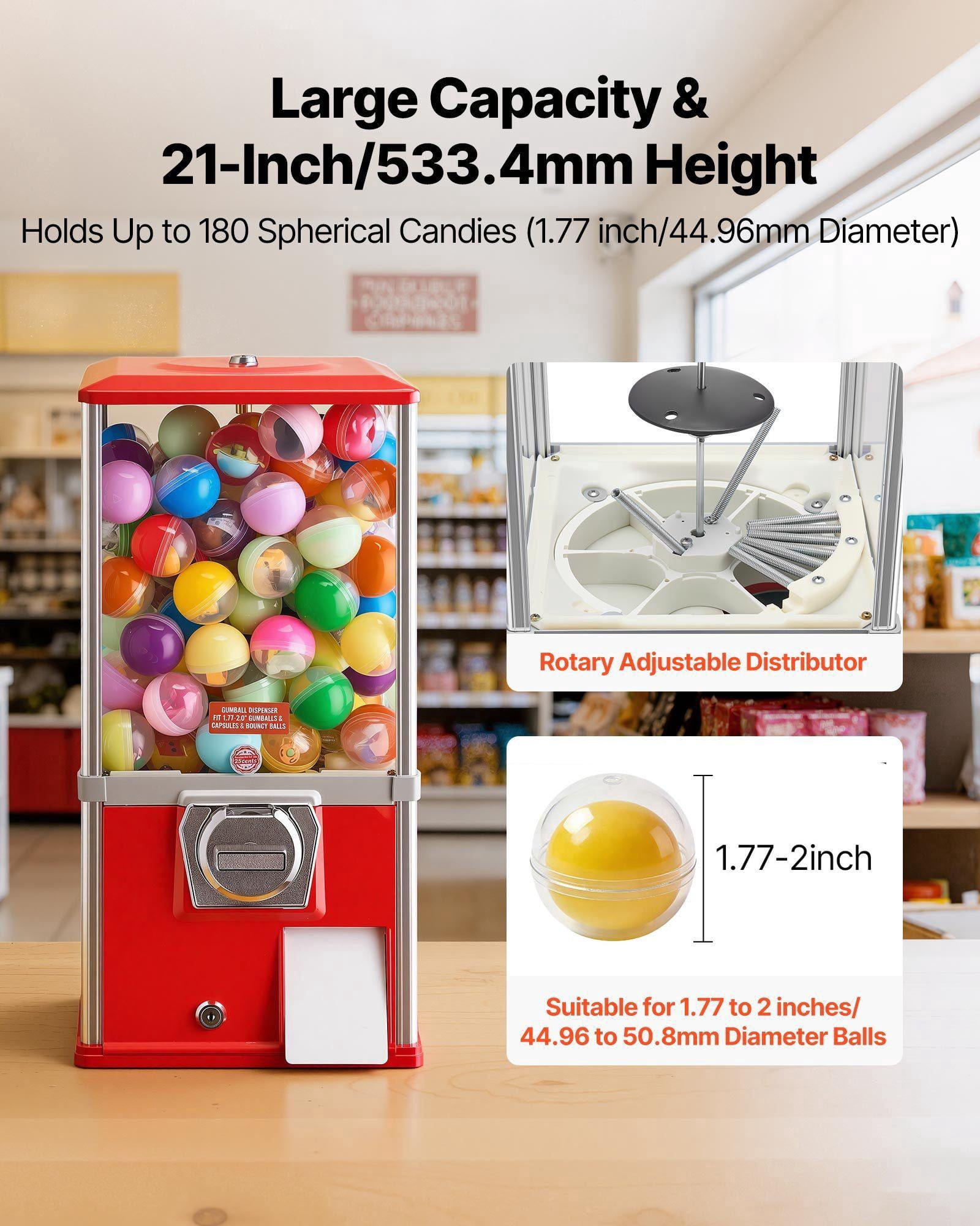 21 Inch Gumball Machine Candy Vending Dispenser Holds 180 1.77 Inch Spherical Candies for Malls Supermarkets Amusement Parks Arcades