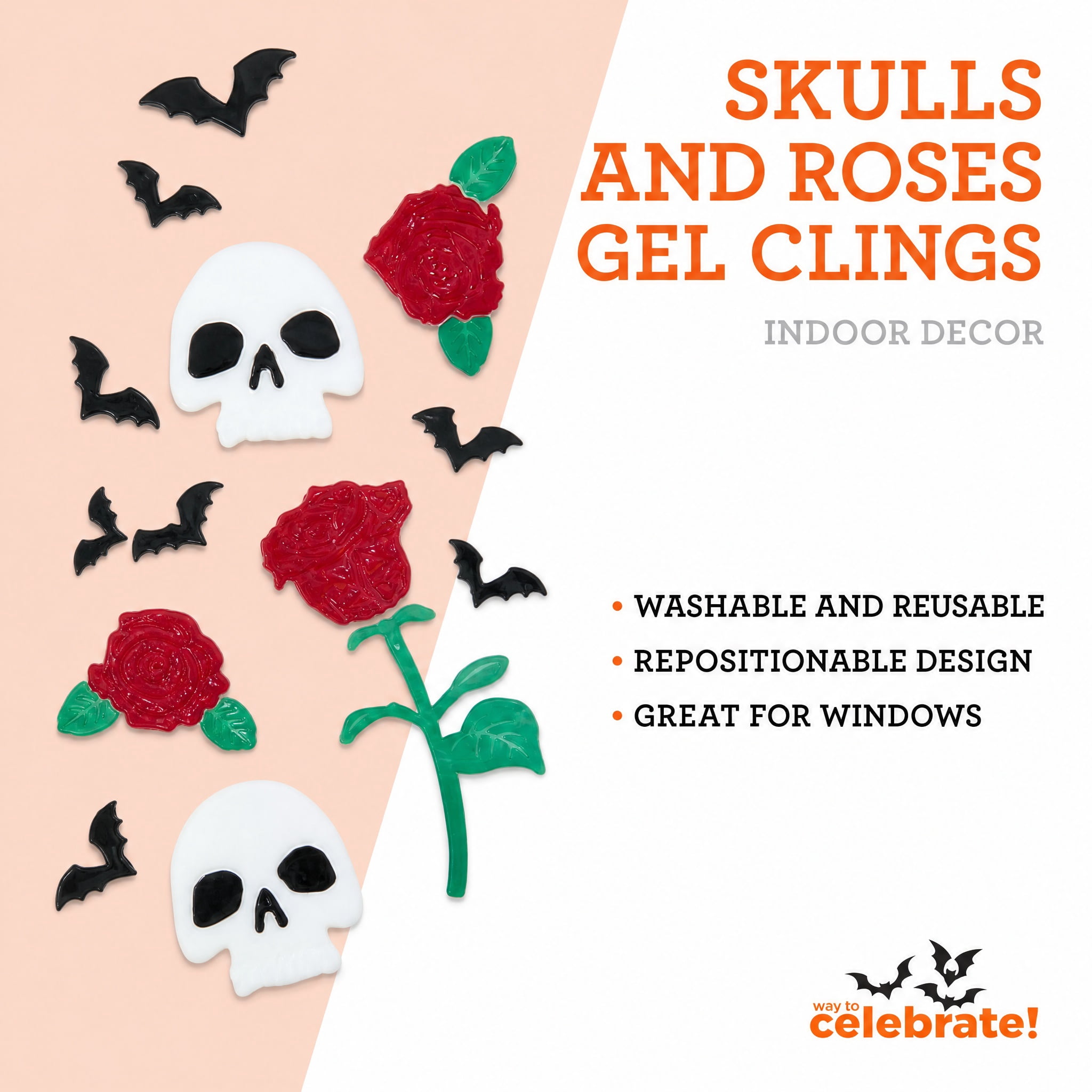Skulls and Roses Gel Clings, Multicolor, 5.5" x 21", Halloween by Way To Celebrate