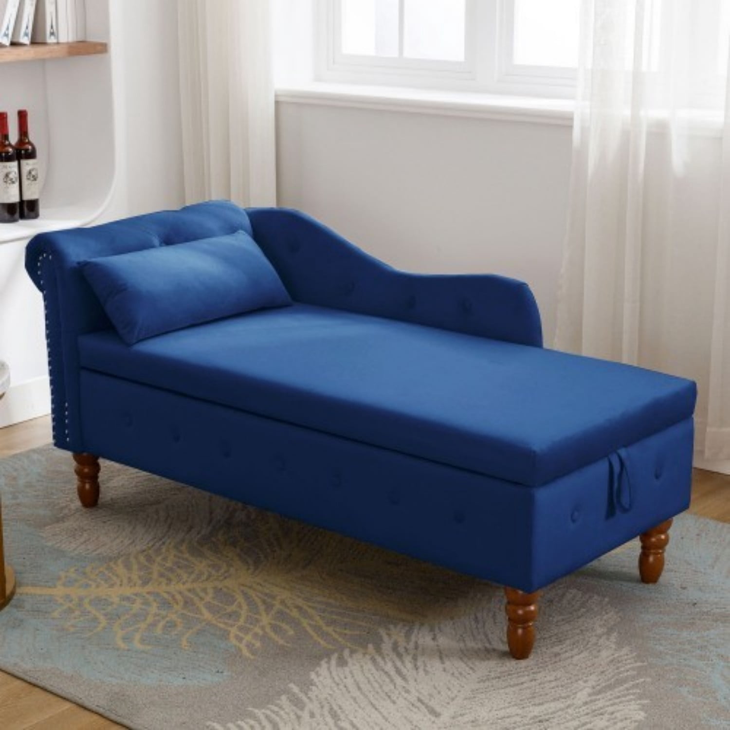 Velvet Chaise Lounge Chair with Storage, Upholstered Chesterfield Lounge Chair with Rolled Arm, Tufted Back, Pillow & Hidden Storage for Living Room, Bedroom & Office, Navy Blue