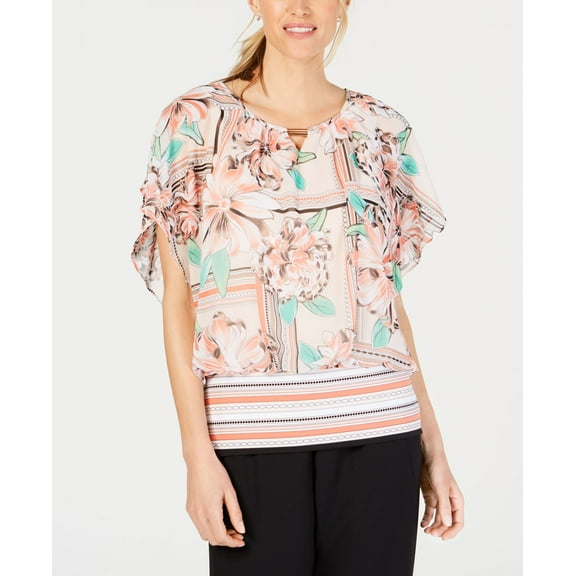 JM Collection Petite Printed Banded Blouson Top Stripe Bloom PS
