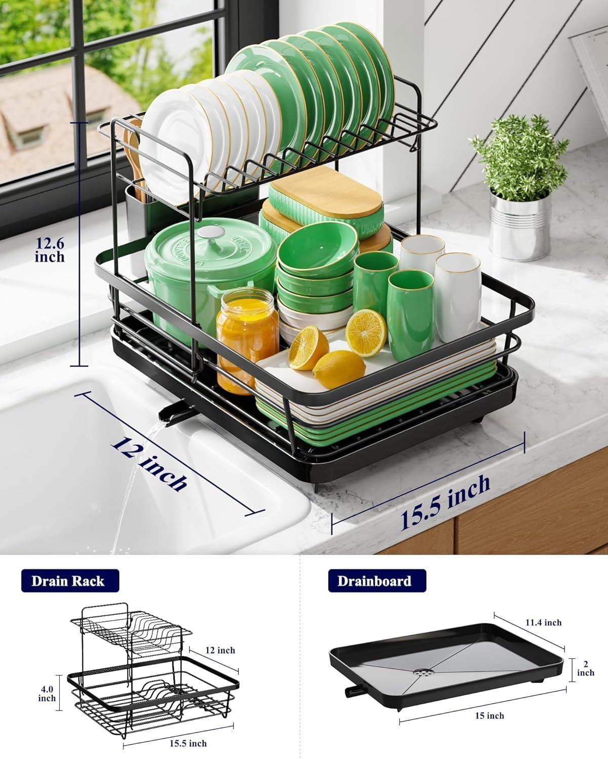 Dish Drying Rack for Kitchen Counter, Stainless Steel Sink Organization and Storage Essentials with Cutlery Holder, Home and Appartment Decor, 12"W x 15.5"L, 2 Tiers, Black