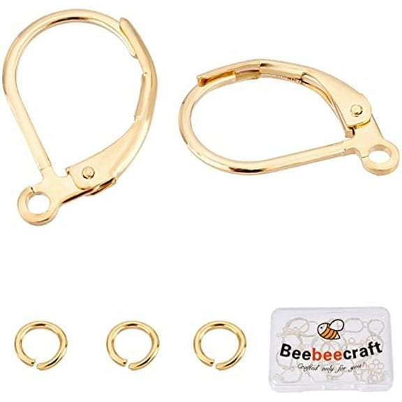 1 Box 20Pcs Leverback Earring Findings 24K Gold Plated Clasp Earring Hooks 15.6x10mm Ear Wire Clip Earring Connector with 20Pcs Open Jump Rings for Jewelry Making