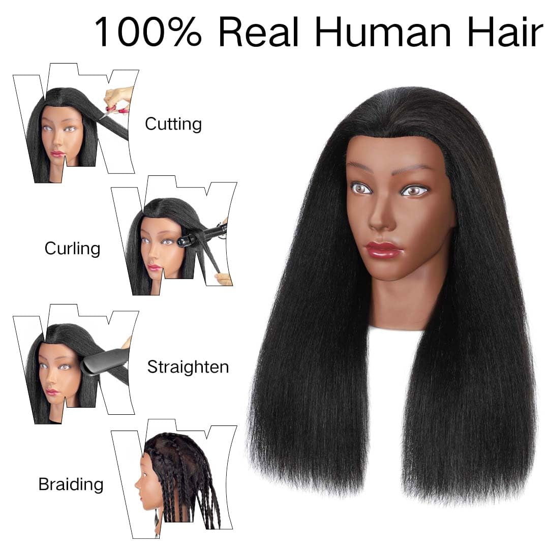 16"  Mannequin Head Human Hair, 100% Real Hair Cosmetology Manikin Doll Head for Hairdresser Practice Braiding with Free Clamp Holder and Tools (16 Inch)